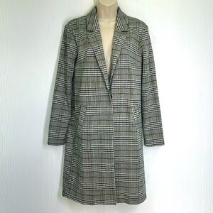 H&M - Tweed Black And White Green Stripe 2 Button Snap Long Blazer Size XS